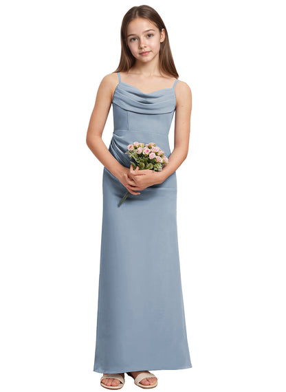 dideyttawl Long Sheathe Junior Bridesmaid Dresses for Girls Chiffon A-Line Ruched Cowl Neck Wedding Flower Girls Dress 2512
