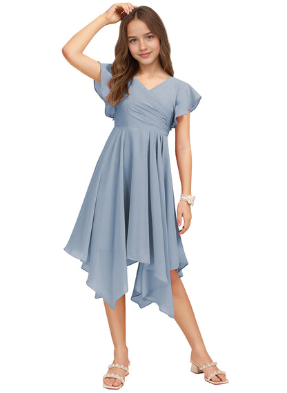 Chiffon Short Junior Bridesmaid Dresses Knee Length Flutter Sleeves Flower Girl Dresses for 4-16 2505