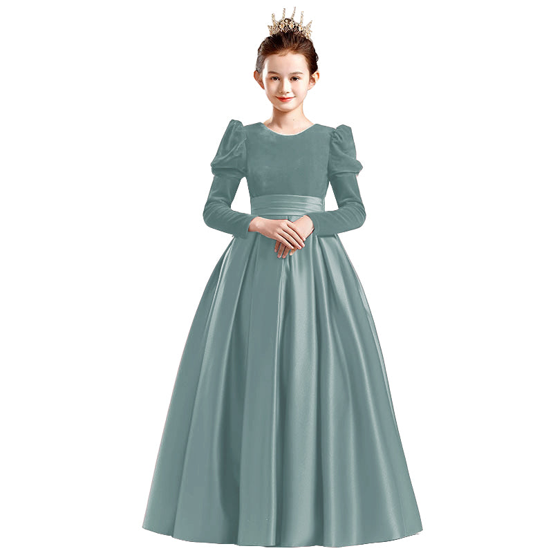 Dideyttawl Velvet Girls Formal Dress Long Sleeves Satin Flower Girl Dress 2541
