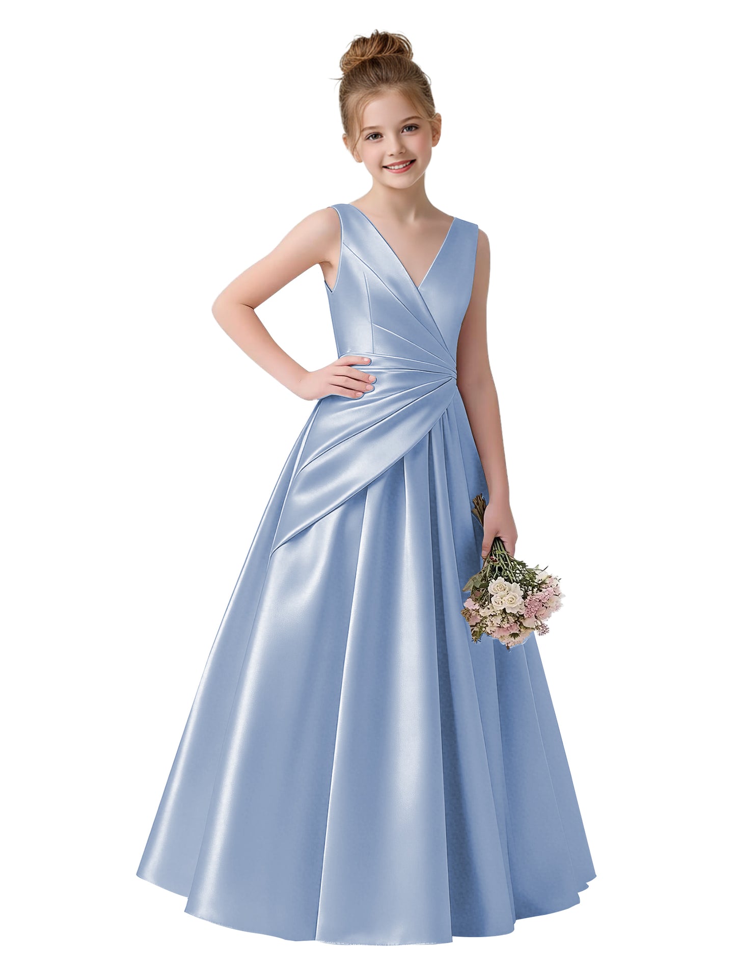 dideyttawl 2026 Pleated Satin Flower Girl Dress Junior Bridesmaid Dress Sleeveless A Line V-Neck Prom Ball Gown 2786