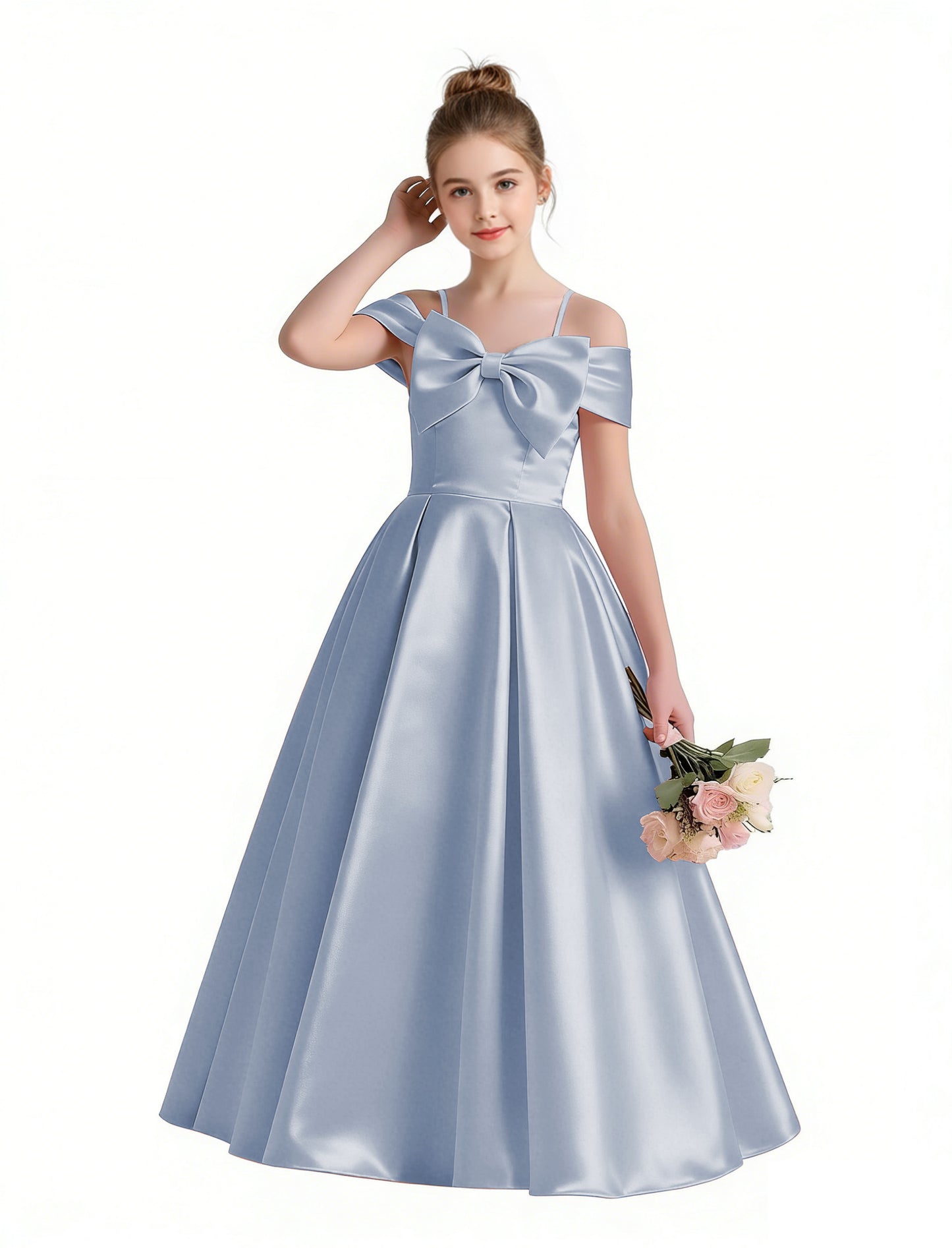 dideyttawl 2026 Off Shoulder Flower Girl Dress Big Bow Junior Bridesmaid Dress A-Line Sleeveless Prom Ball Gown 2790