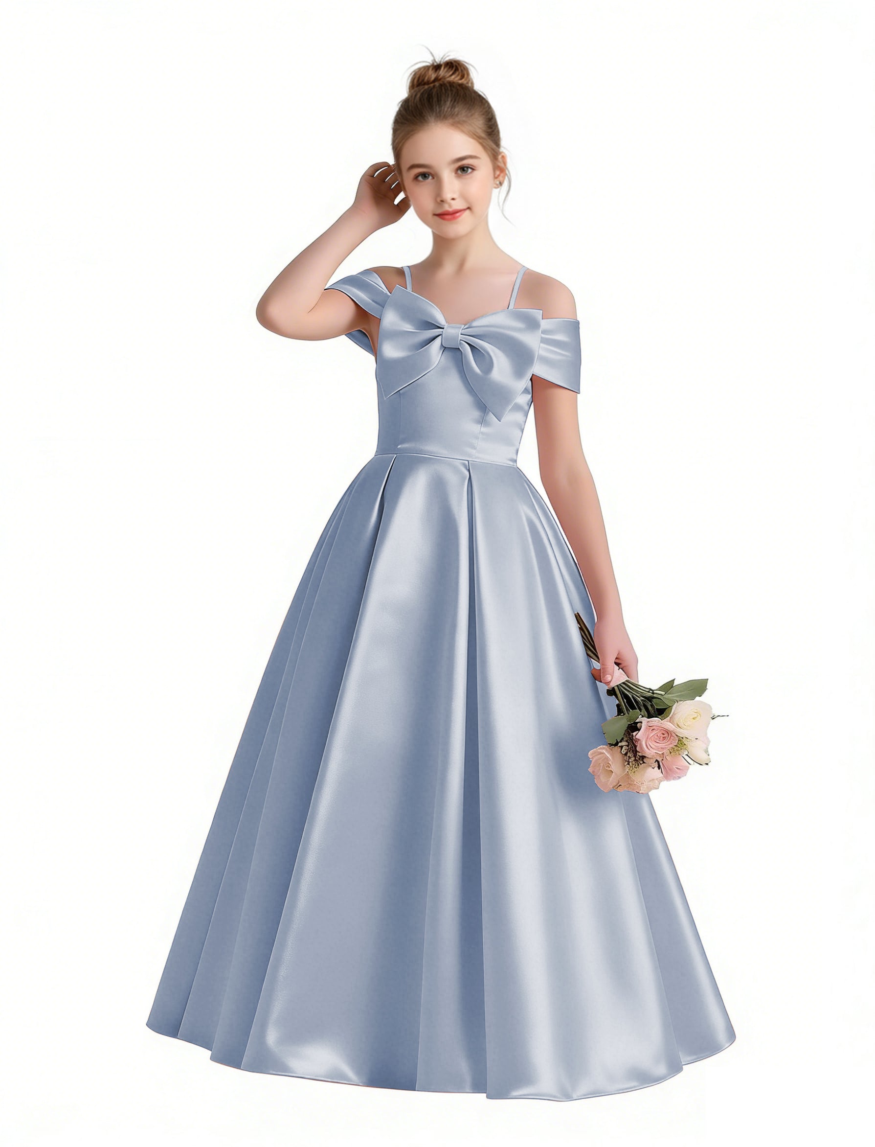 Dideyttawl White Girls Formal Dress Off-the-Shoulder Satin Ball Gown