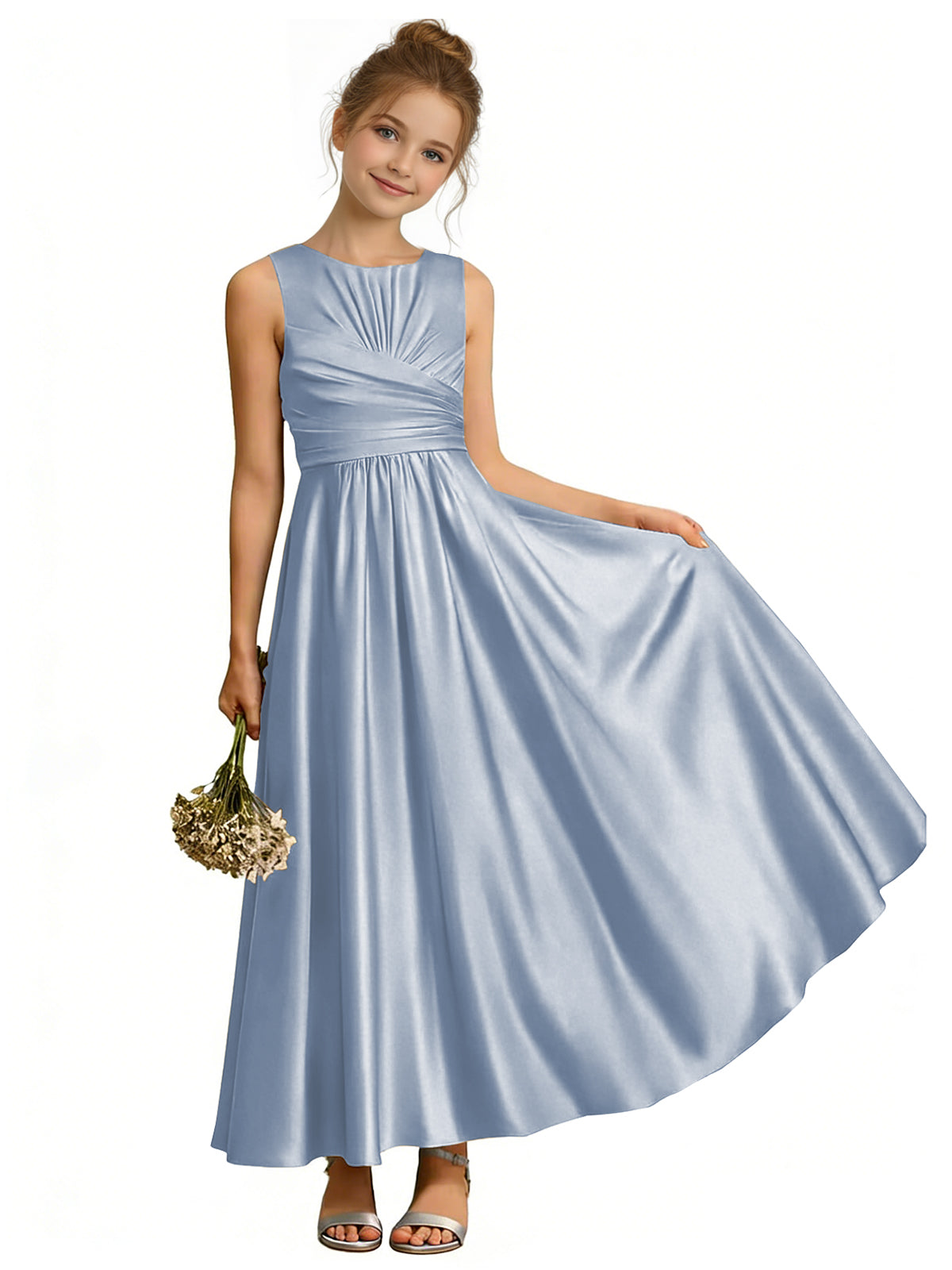 dideyttawl Satin A-Line Junior Bridesmaid Dresses Pleated Girls Special Occasion Gown