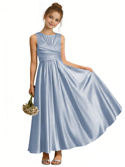 dideyttawl Satin A-Line Junior Bridesmaid Dresses Pleated Girls Special Occasion Gown