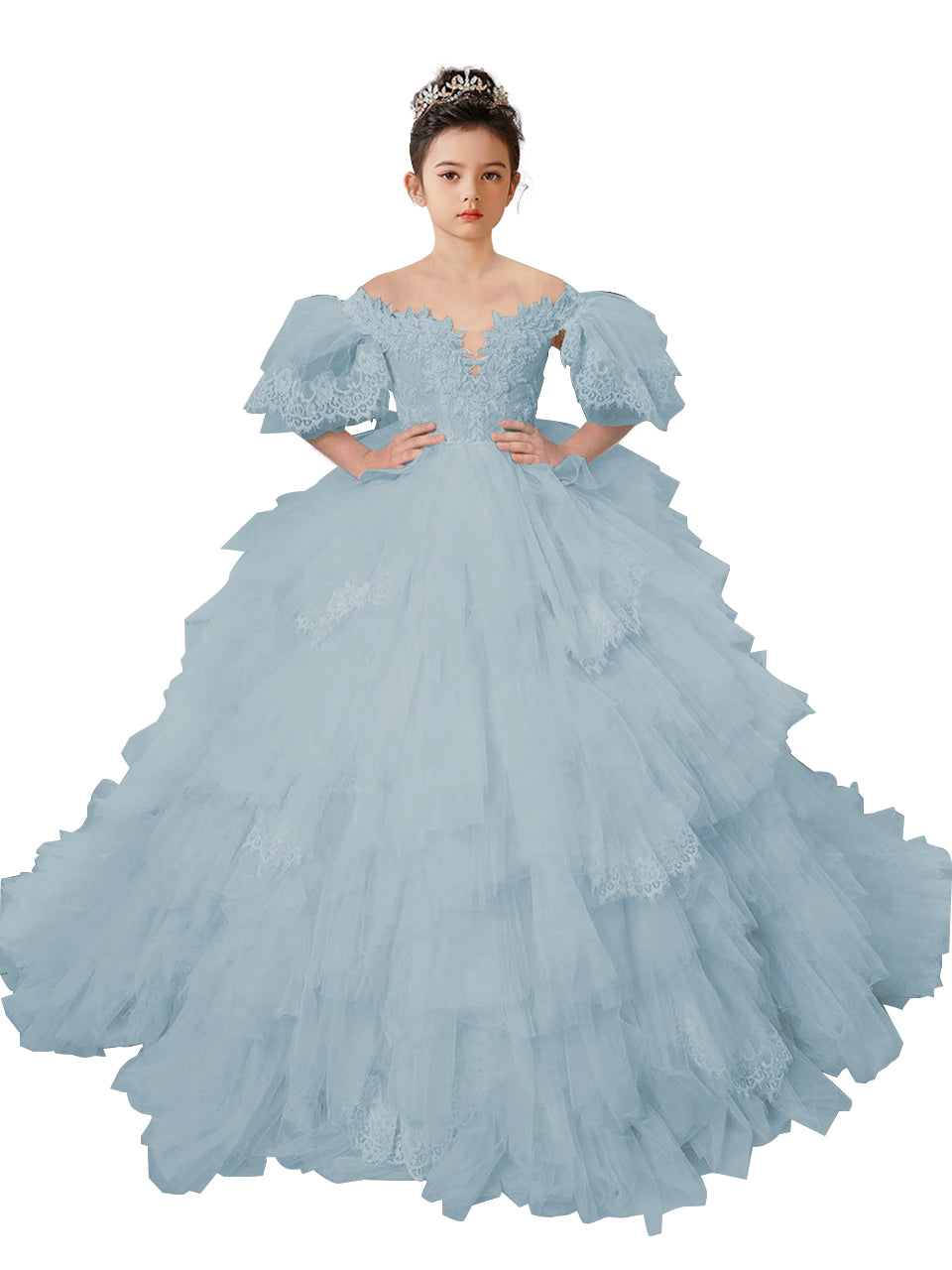Flower Girl Dresses Lace Appliqued Puffy Sleeves Floor Length Long Train Princess Dresses