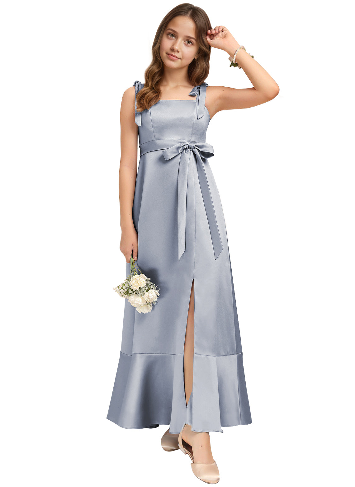 dideyttawl Junior Bridesmaid Dresses for Teens Silk Satin Adjustable Straps Flower Girl Dress with Slit 2529