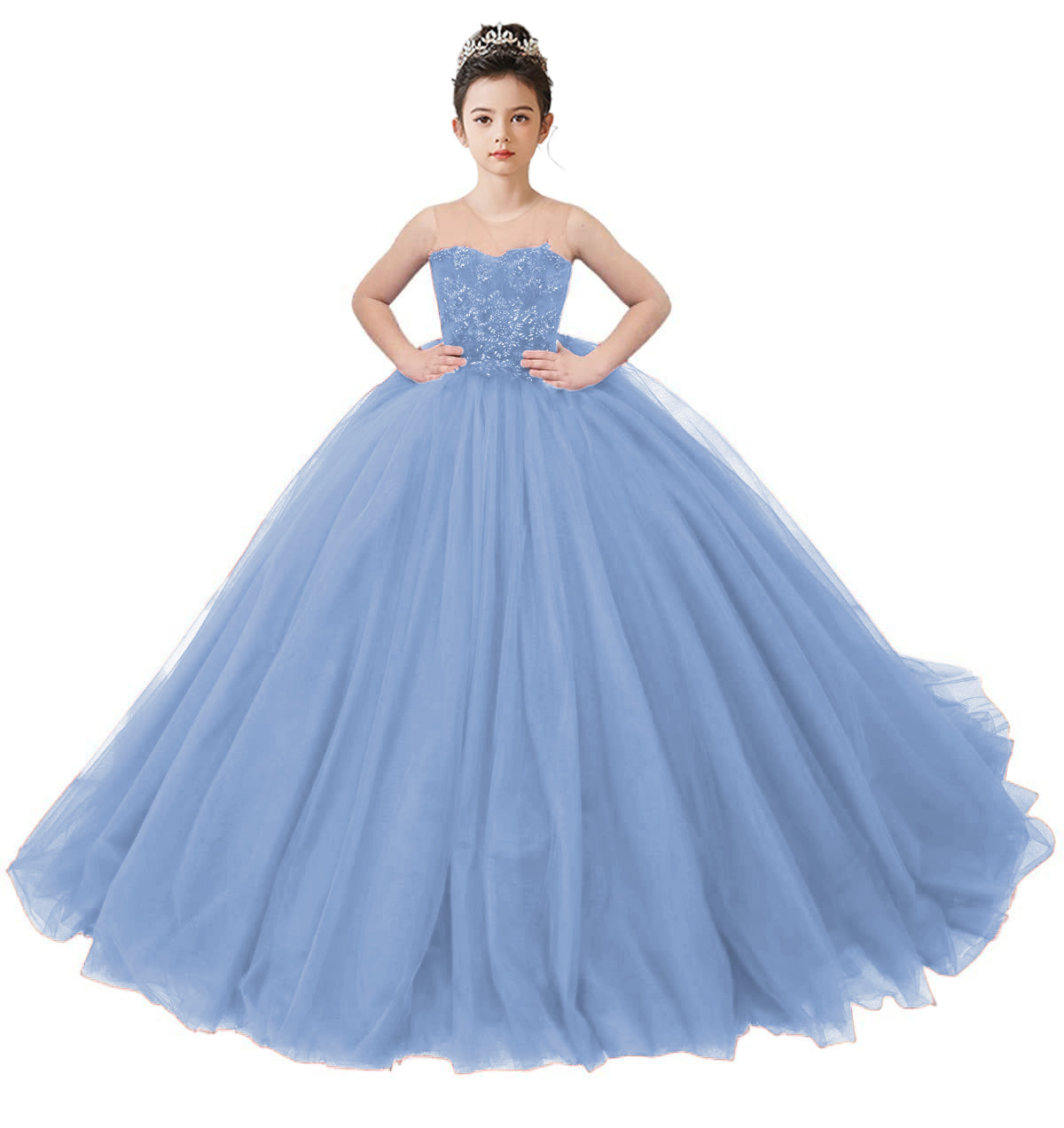 2025 Spring Embroidery Lace Appliqued Tulle Flower Girls Dress Wedding Guest Dress Puffy Princess Dress Strapless Full Length Pageant Dress