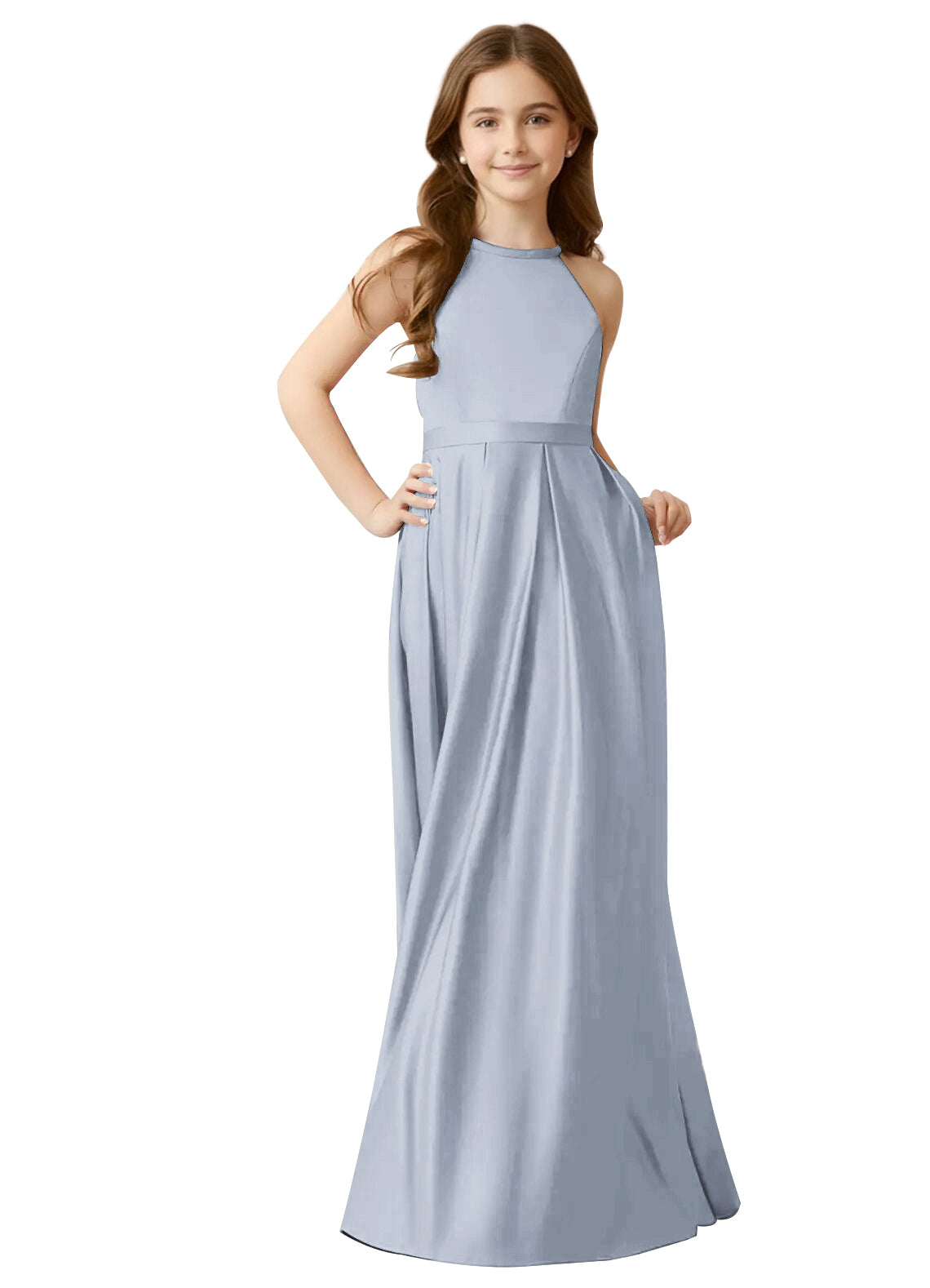 dideyttawl A-Line Junior Bridesmaid Dresses Halter Flower Girls Dress Satin Adjustable Straps Formal Gown 2532