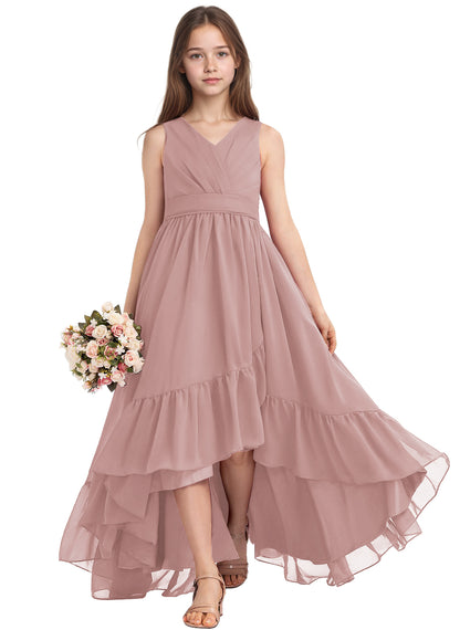 dideyttawl A-Line High Low Flower Girls Dress Long V-Neck Junior Bridesmaid Dresses for Teens Pleated Chiffon 2511
