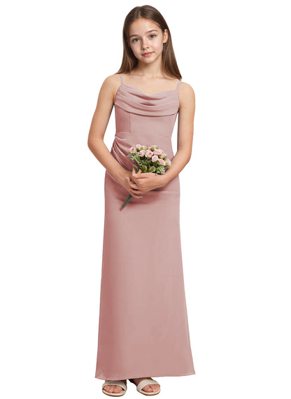 dideyttawl Long Sheathe Junior Bridesmaid Dresses for Girls Chiffon A-Line Ruched Cowl Neck Wedding Flower Girls Dress 2512