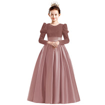Dideyttawl Velvet Girls Formal Dress Long Sleeves Satin Flower Girl Dress 2541