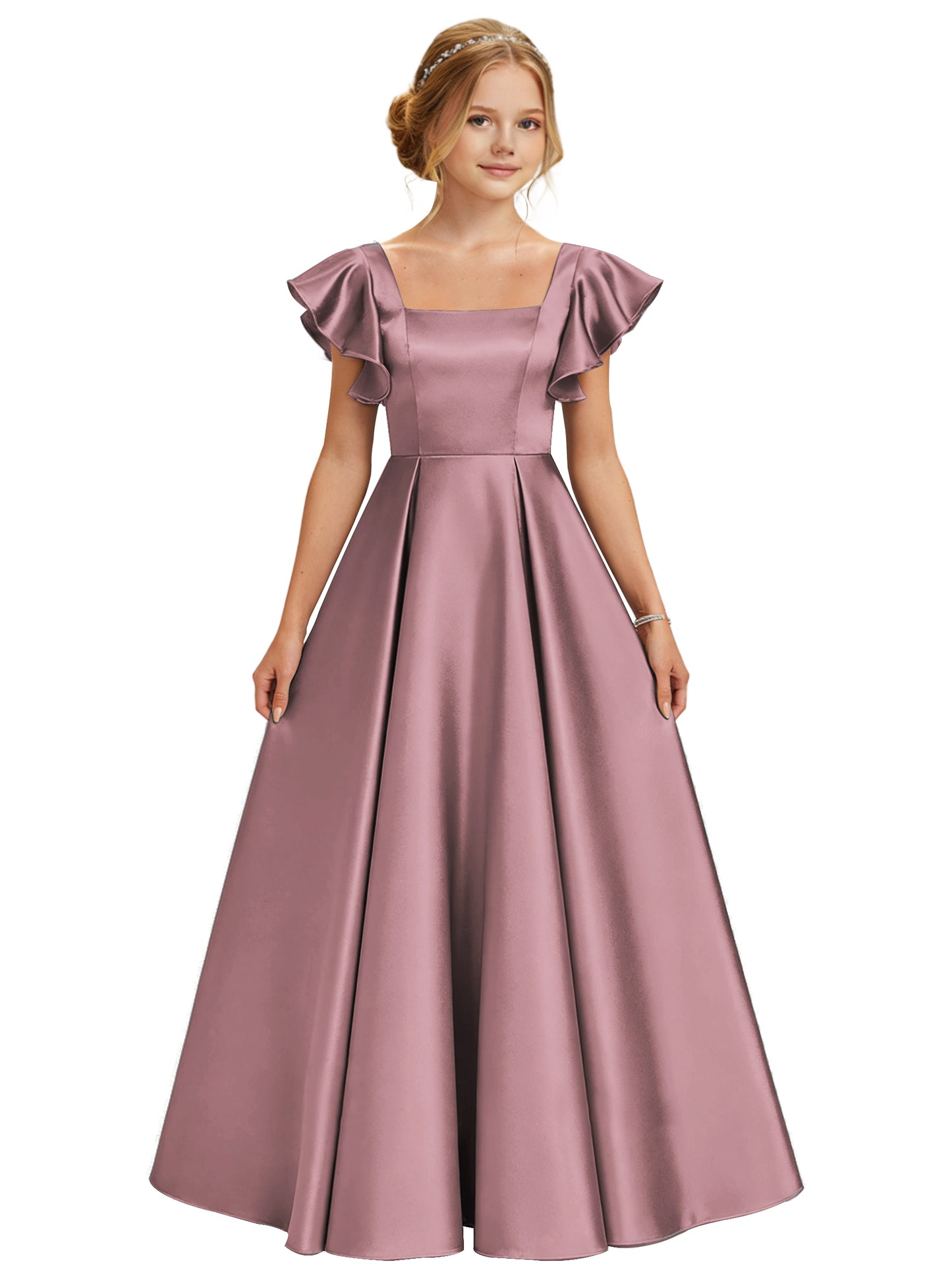 dideyttawl 2026 Girls Satin Prom Ball Gown Princess Dress Maxi Ruffle Sleeve Junior Bridesmaid Flower Girl Dresses 2546