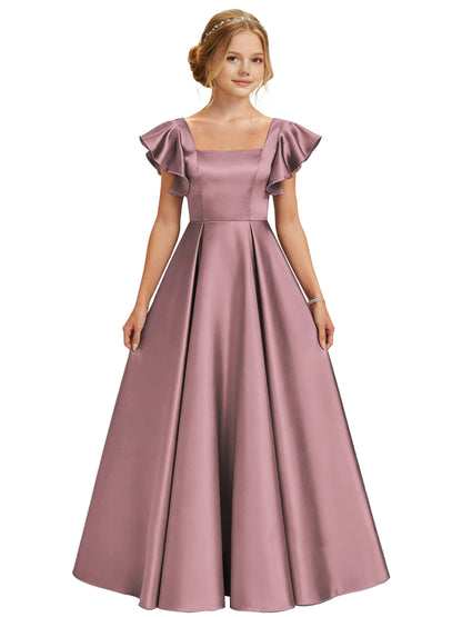 dideyttawl 2026 Girls Satin Prom Ball Gown Princess Dress Maxi Ruffle Sleeve Junior Bridesmaid Flower Girl Dresses 2546