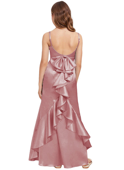 dideyttawl Mermaid Junior Bridesmaid Dress with Slit V-Neck Ruffles Bow Stretch Satin Flower Girl Dress Sleeveless Formal Special Occasion Dress for Wedding 2522