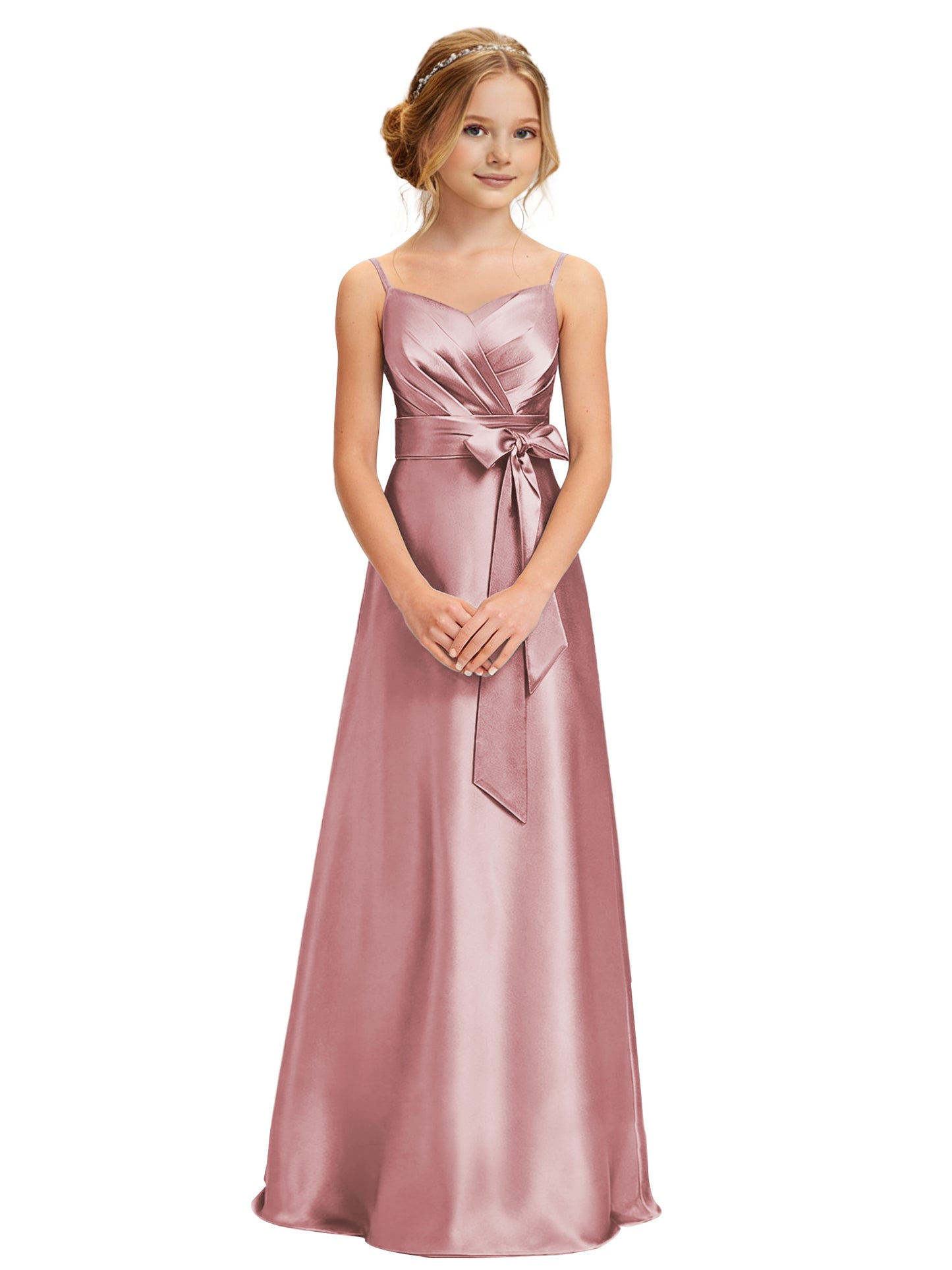 dideyttawl 2026 Girls Pleated Satin Prom Dress Bow Belt Ball Gown Maxi Spaghetti Straps Junior Bridesmaid Dress 2547