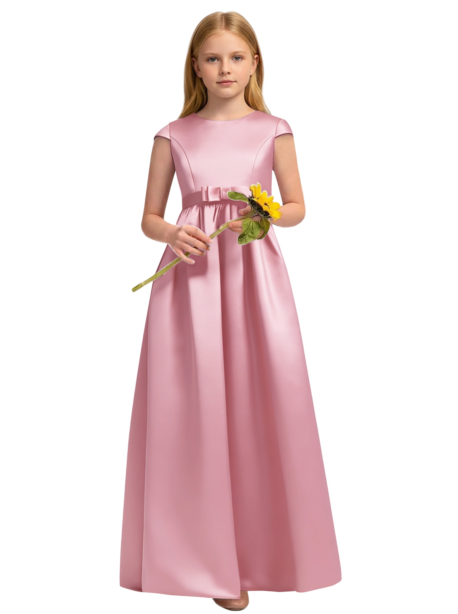Dideyttawl White Junior Bridesmaid Dress Cap Sleeve Satin Ball Gown