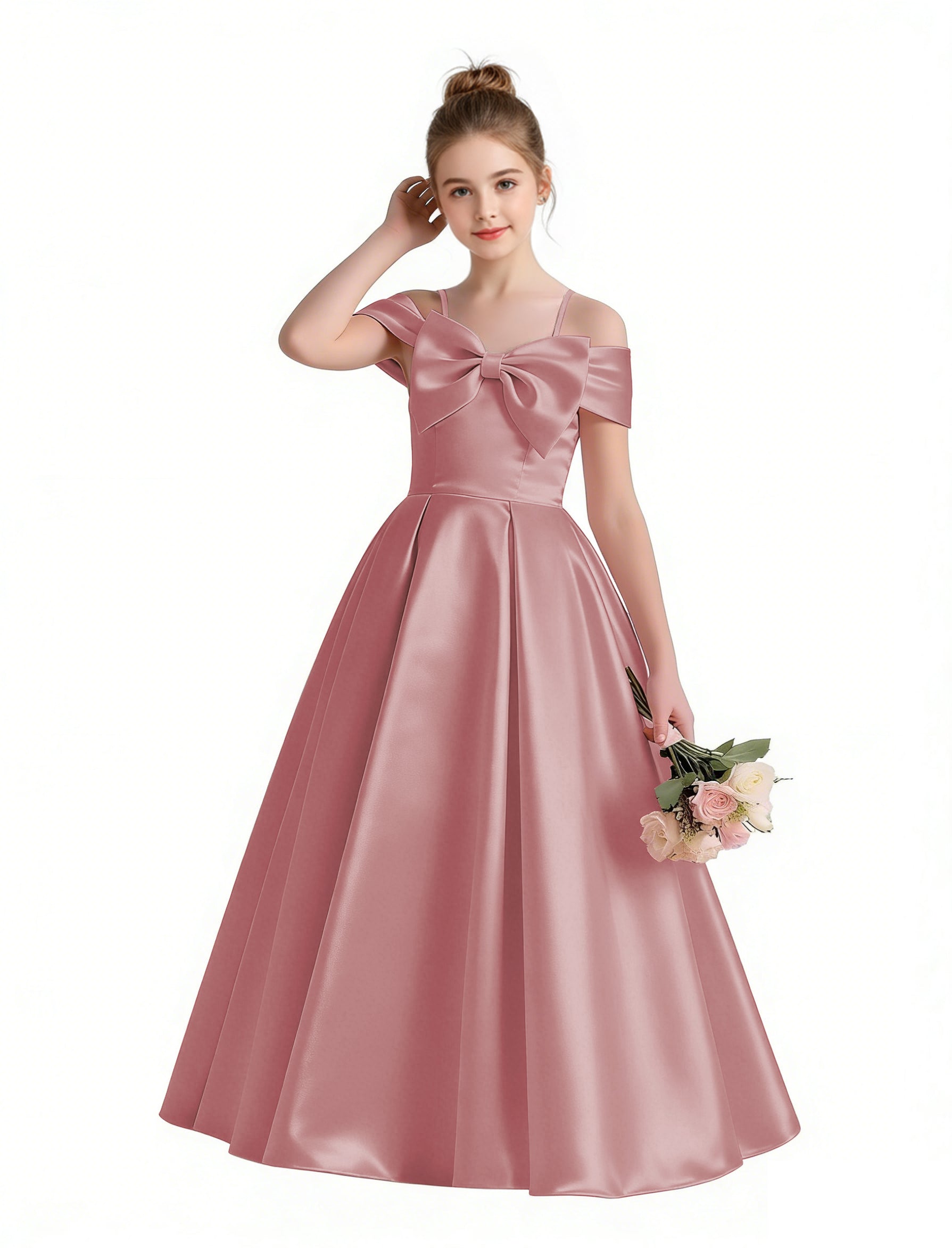 Dideyttawl White Girls Formal Dress Off-the-Shoulder Satin Ball Gown