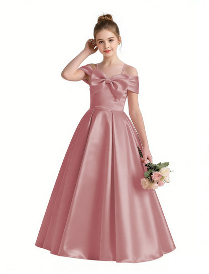 dideyttawl 2026 Off Shoulder Flower Girl Dress Big Bow Junior Bridesmaid Dress A-Line Sleeveless Prom Ball Gown 2790