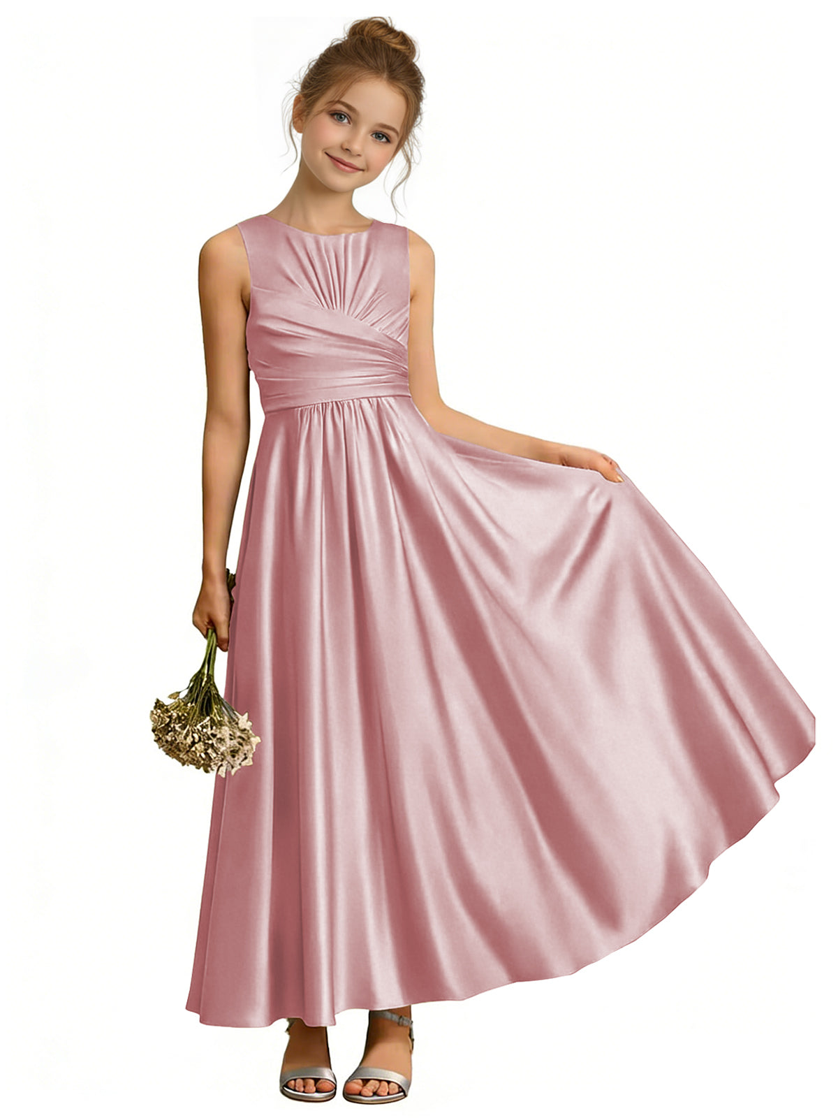 dideyttawl Satin A-Line Junior Bridesmaid Dresses Pleated Girls Special Occasion Gown