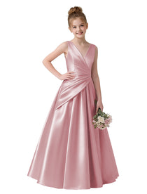 Dideyttawl Blush Pink Girls Formal Dress Sleeveless Satin V-Neck Ball Gown
