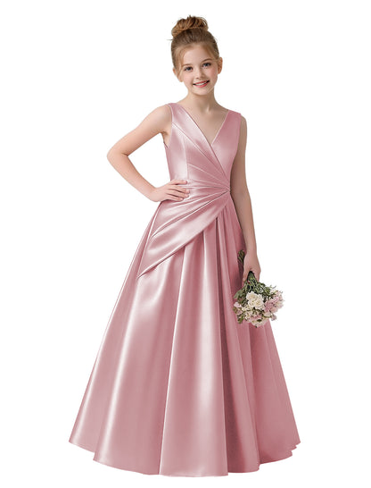 dideyttawl 2026 Pleated Satin Flower Girl Dress Junior Bridesmaid Dress Sleeveless A Line V-Neck Prom Ball Gown 2786