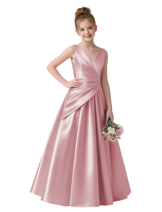 dideyttawl 2026 Pleated Satin Flower Girl Dress Junior Bridesmaid Dress Sleeveless A Line V-Neck Prom Ball Gown 2786