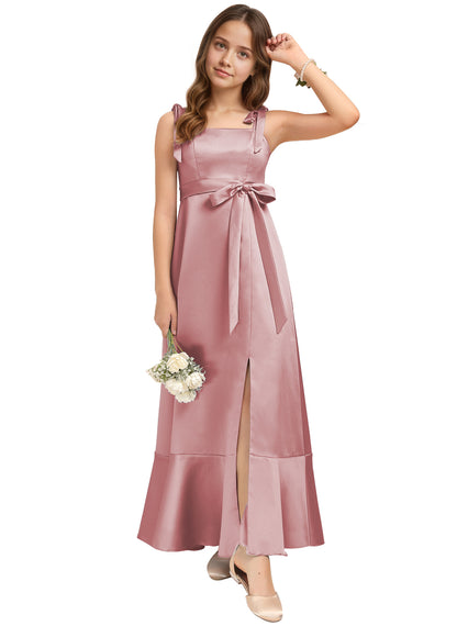 dideyttawl Junior Bridesmaid Dresses for Teens Silk Satin Adjustable Straps Flower Girl Dress with Slit 2529