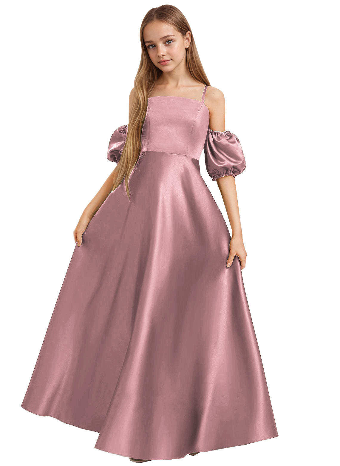 dideyttawl Girls A-Line Cold Shoulder Junior Bridesmaid Dress Silk Satin Flower Girl Dress 2525