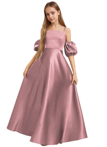 Dideyttawl Cold Shoulder Junior Bridesmaid Dress Satin Girls Pageant Gown 2525