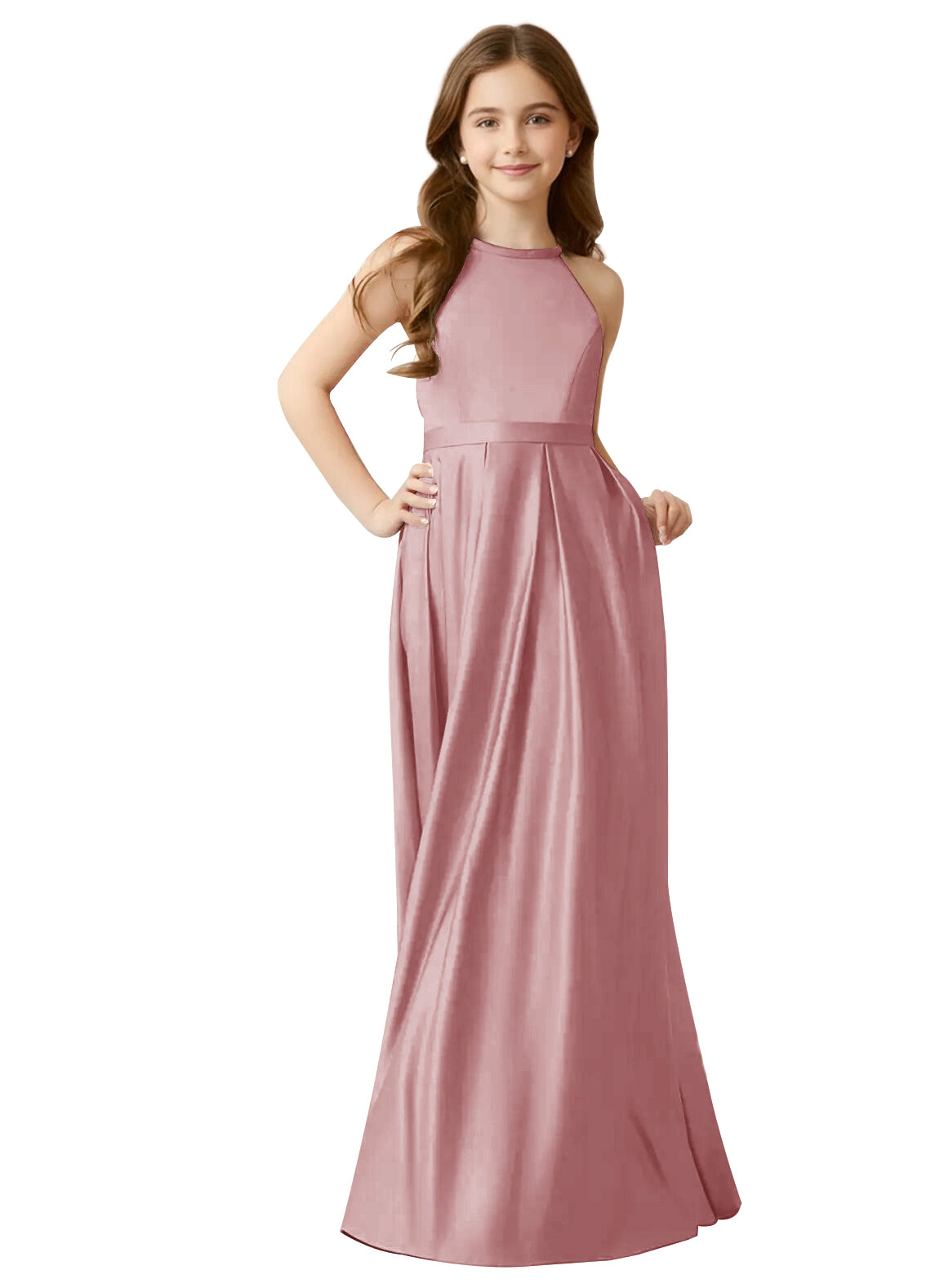 dideyttawl A-Line Junior Bridesmaid Dresses Halter Flower Girls Dress Satin Adjustable Straps Formal Gown 2532