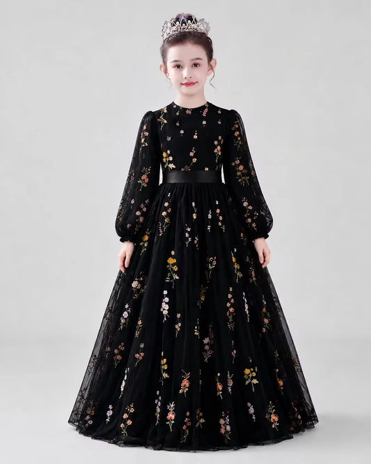 Black Tulle Floral Embroidered A-Line Girls Formal Dresses Front View