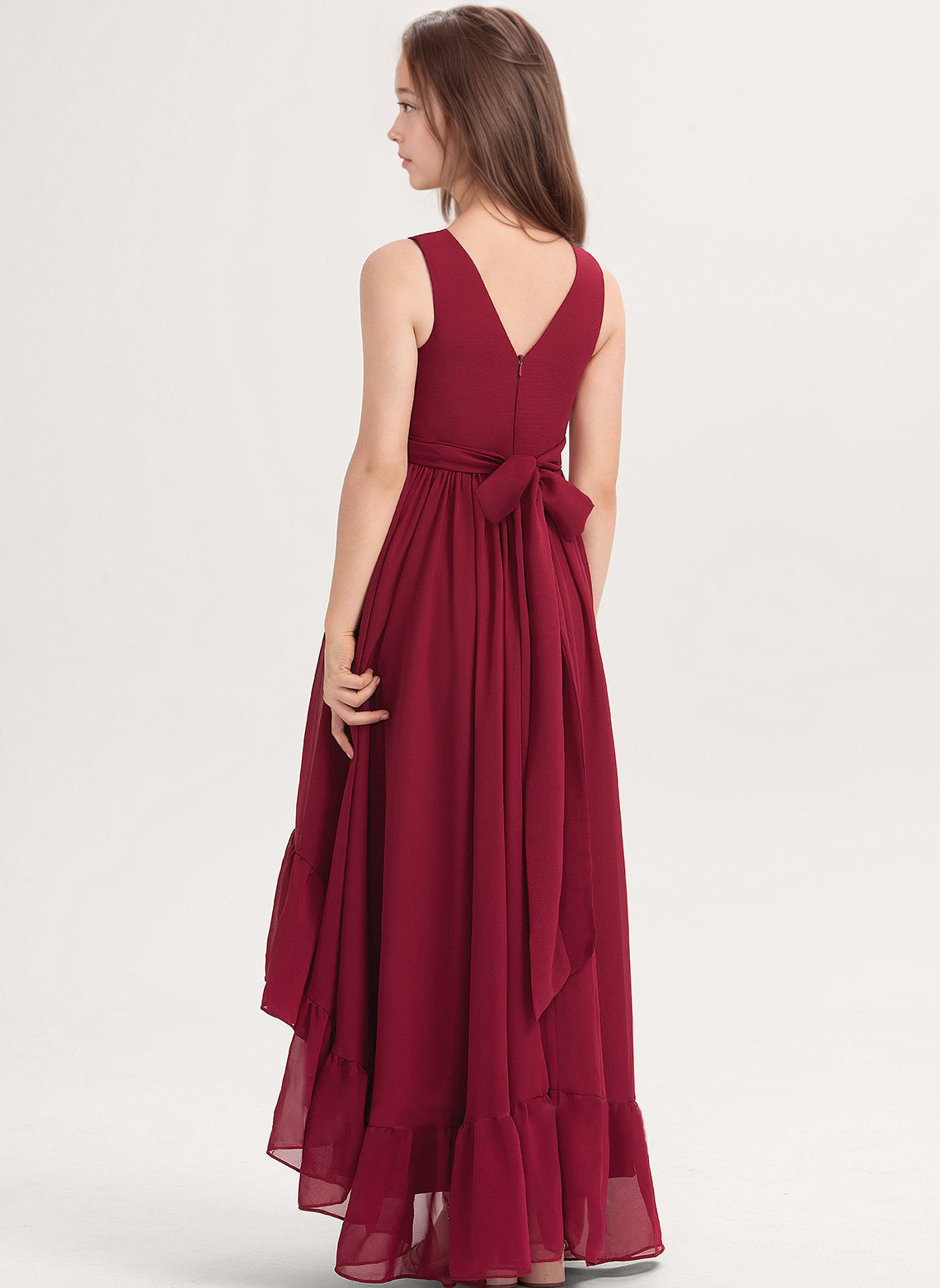 dideyttawl A-Line High Low Flower Girls Dress Long V-Neck Junior Bridesmaid Dresses for Teens Pleated Chiffon 2511