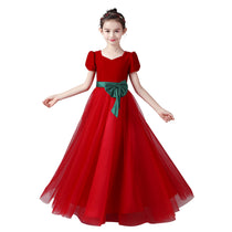 Dideyttawl Velvet Girls Formal Dress With V Neck Puff Sleeves