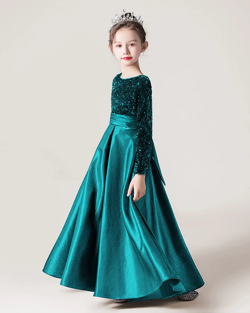 Teal Sequins Satin A-line Girls Formal Dress Side View