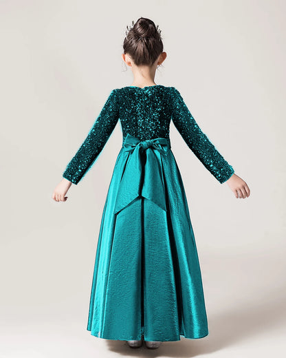 Dideyttawl Long Sleeves Sequins Flower Girls Dress Sparkling  Satin Formal Party Gown 503