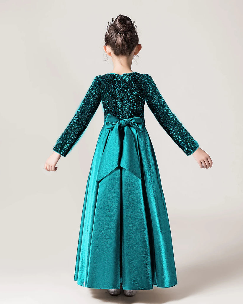 Teal Sequin A-line Girls Formal Dress Back View