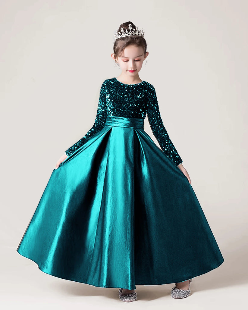 Teal Sequin A-line Girls Formal Dress Front View