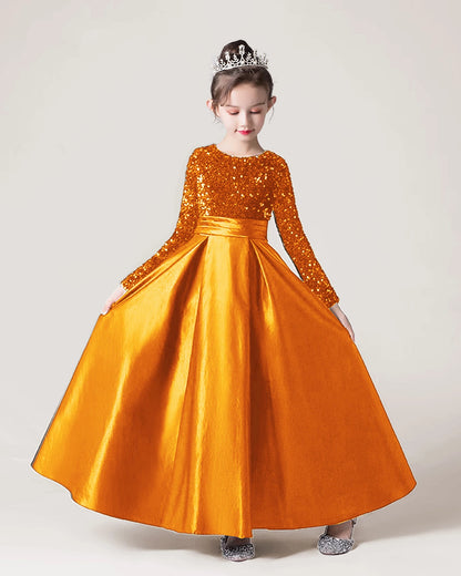 Dideyttawl Long Sleeves Sequins Flower Girls Dress Sparkling  Satin Formal Party Gown 503