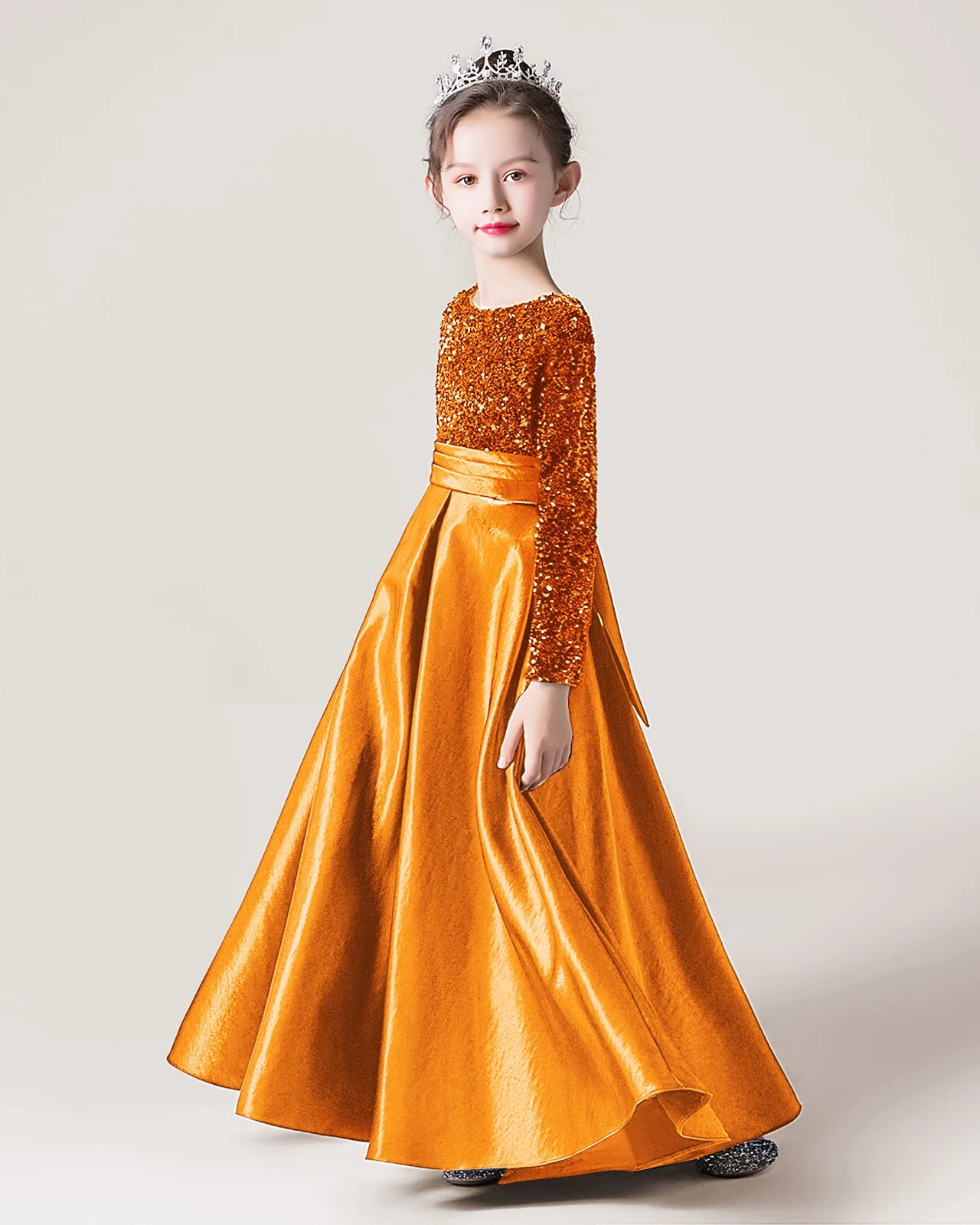 Dideyttawl Long Sleeves Sequins Flower Girls Dress Sparkling  Satin Formal Party Gown 503