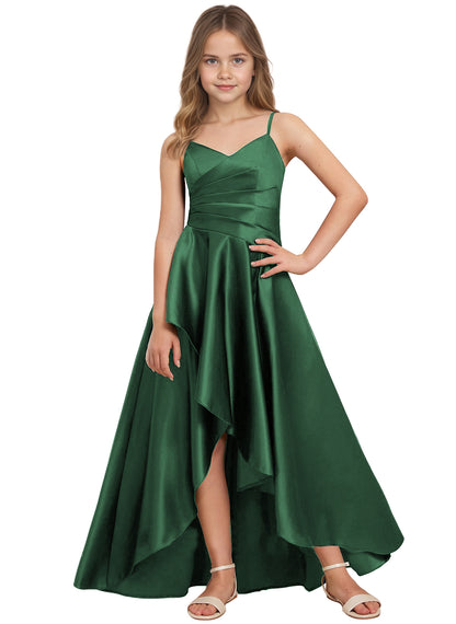dideyttawl High Low Junior Bridesmaid Dress V-Neck Silk Satin Flower Girl Dress Sleeveless Formal Special Occasion Dress for Wedding 2523