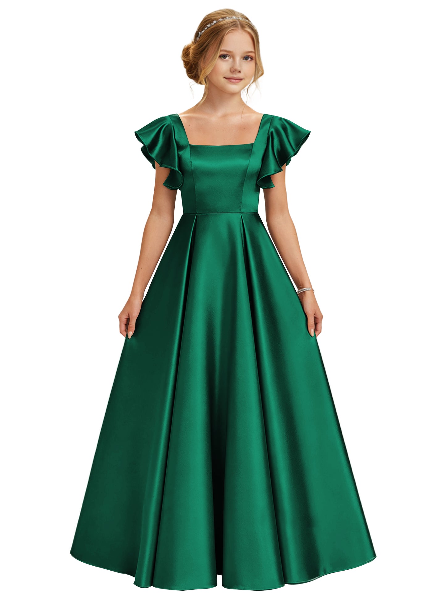 dideyttawl 2026 Girls Satin Prom Ball Gown Princess Dress Maxi Ruffle Sleeve Junior Bridesmaid Flower Girl Dresses 2546