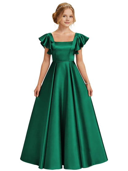 dideyttawl 2026 Girls Satin Prom Ball Gown Princess Dress Maxi Ruffle Sleeve Junior Bridesmaid Flower Girl Dresses 2546