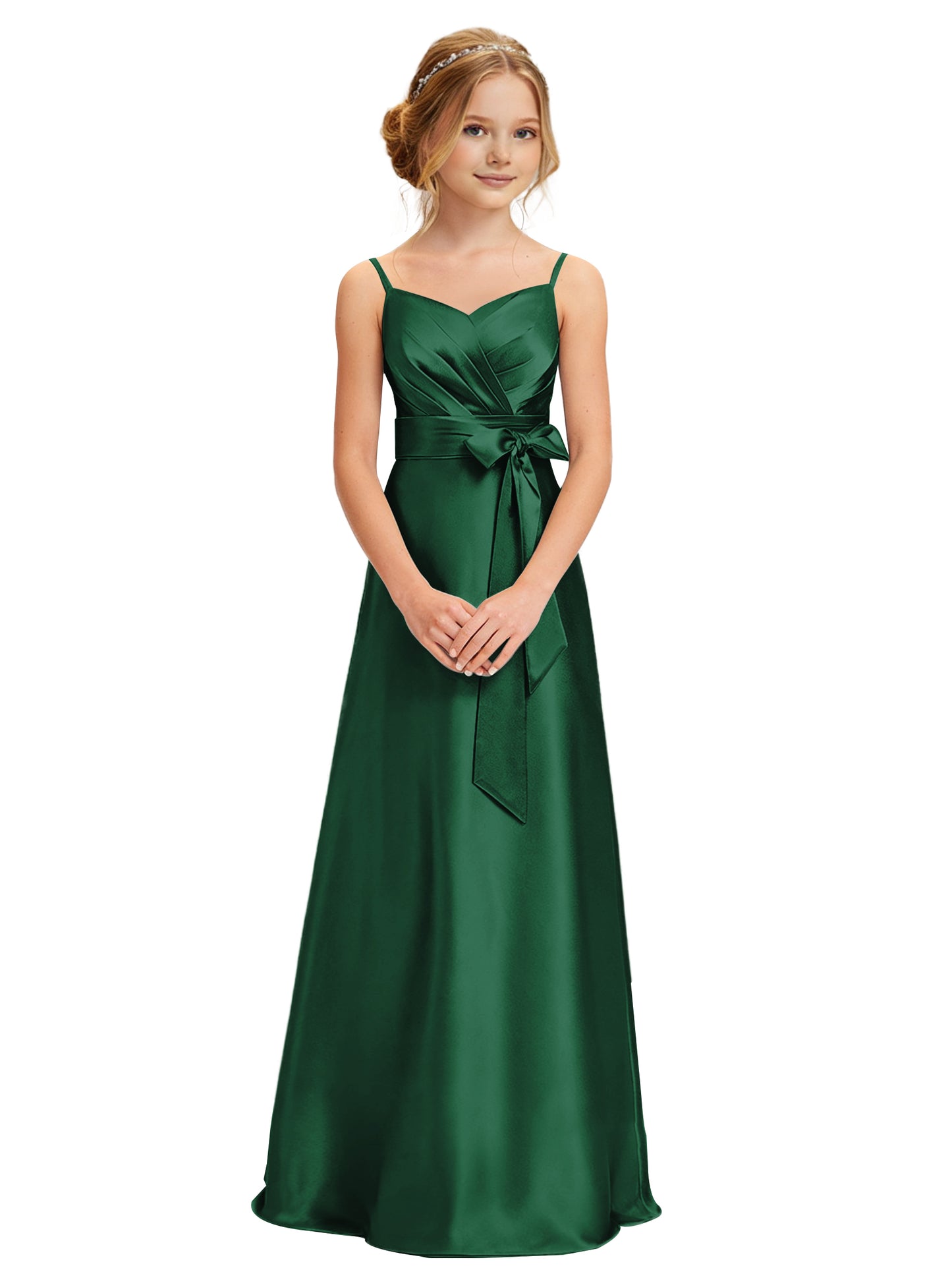 dideyttawl 2026 Girls Pleated Satin Prom Dress Bow Belt Ball Gown Maxi Spaghetti Straps Junior Bridesmaid Dress 2547