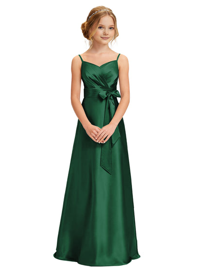dideyttawl 2026 Girls Pleated Satin Prom Dress Bow Belt Ball Gown Maxi Spaghetti Straps Junior Bridesmaid Dress 2547