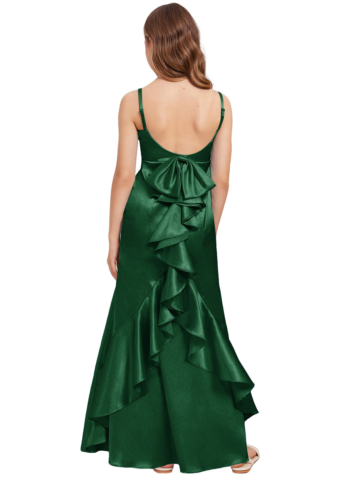dideyttawl Mermaid Junior Bridesmaid Dress with Slit V-Neck Ruffles Bow Stretch Satin Flower Girl Dress Sleeveless Formal Special Occasion Dress for Wedding 2522