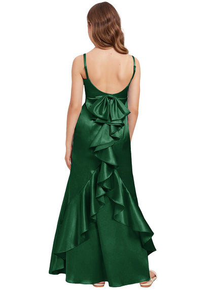 dideyttawl Mermaid Junior Bridesmaid Dress with Slit V-Neck Ruffles Bow Stretch Satin Flower Girl Dress Sleeveless Formal Special Occasion Dress for Wedding 2522