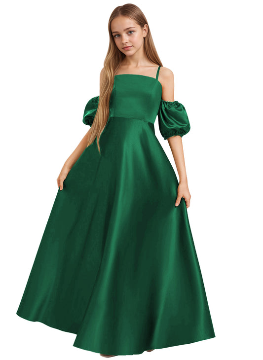 Dideyttawl Cold Shoulder Junior Bridesmaid Dress Satin Girls Pageant Gown 2525