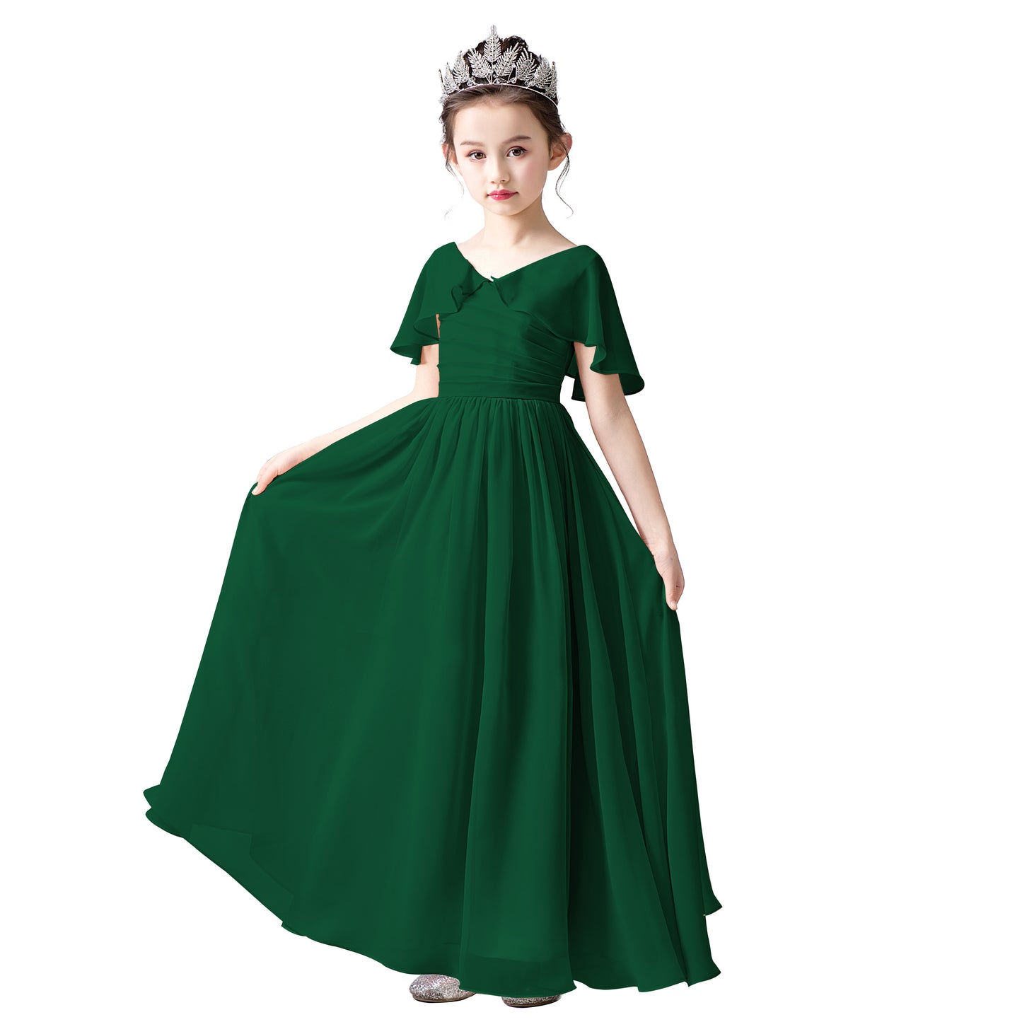 Chiffon Flower Girls Dress Cap Sleeves Junior Bridesmaid Dress for Girls 4-16 Special Occasion Dress for Wedding