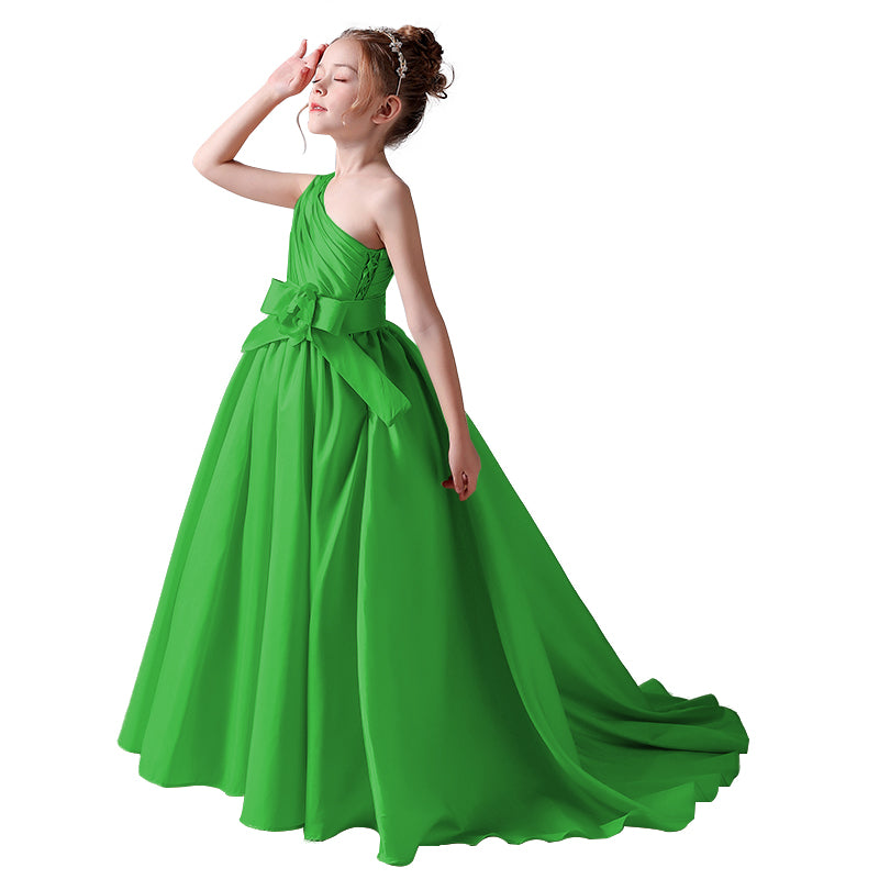 Dideyttawl Flower Girls Pageant Dresses One Shoulder Sleeveless Formal Satin Dress for Wedding Guest Princess Ball Gown Flower Belt Dress