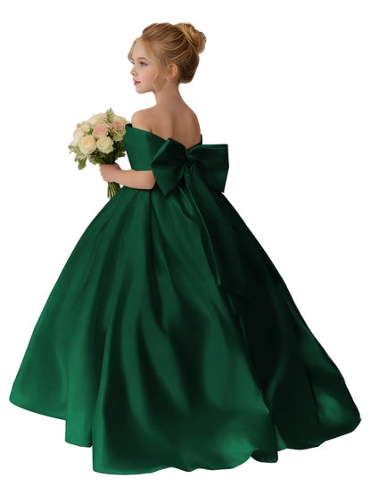 Dideyttawl Satin Flower Girl Dress A Line Off Shoulder Formal Ball Gown Bow Back